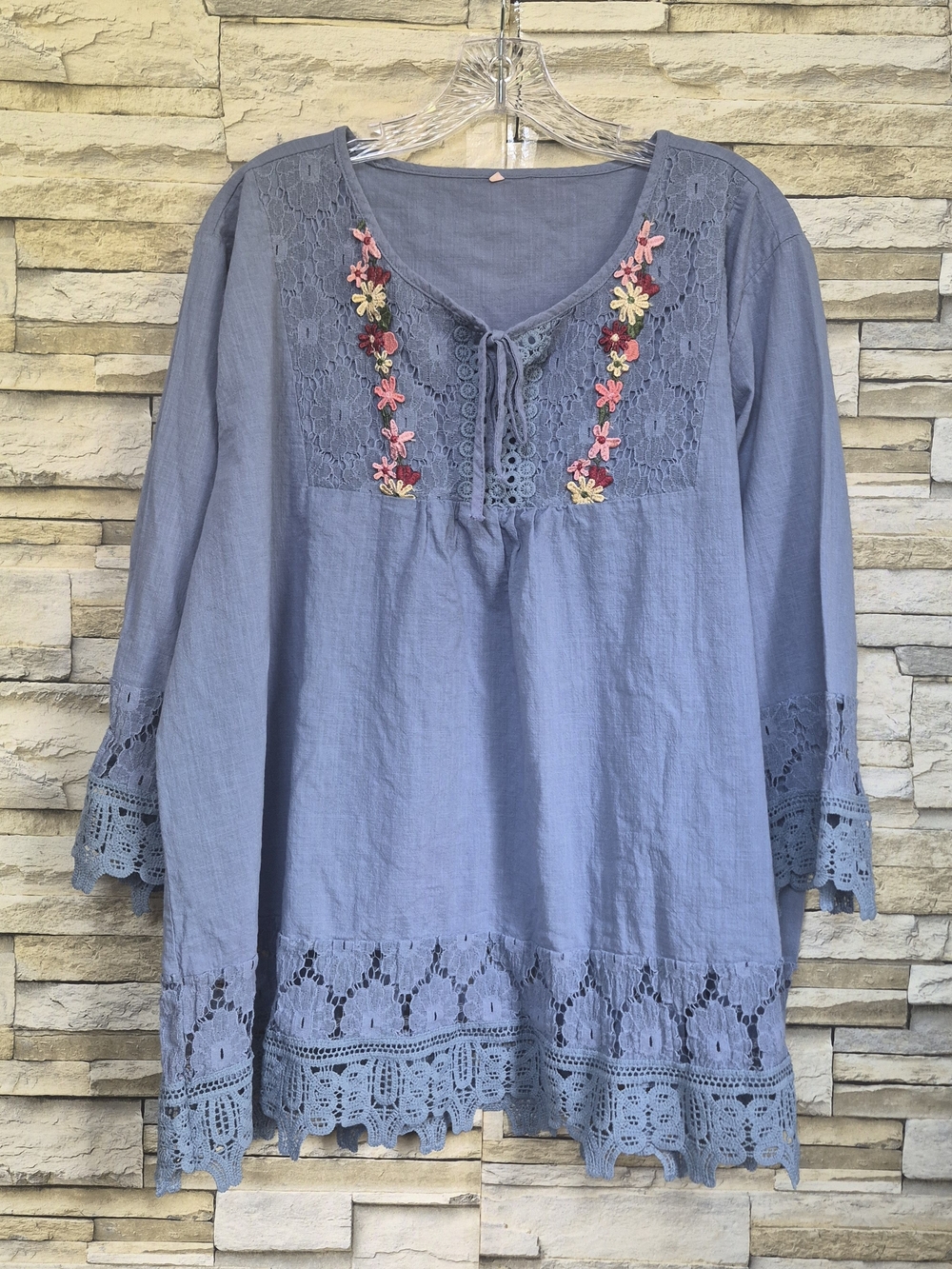 ​Embroidered Peasant Blouse Top Plus Size 5XL Slate Blue Boho Lace Tunic